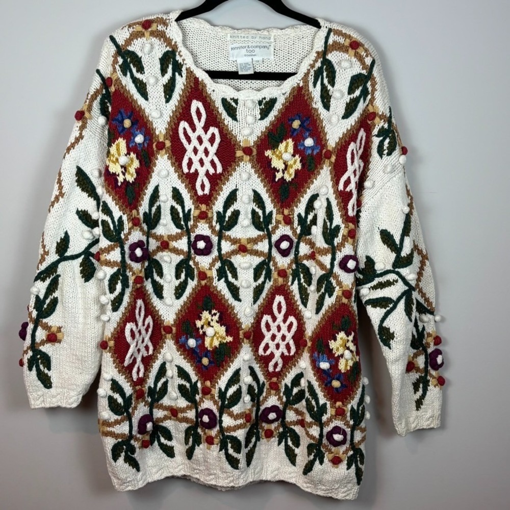 VTG Jennifer & Company Womens hand knitted 3-D Floral Chunky Knit 90s sweater 1X